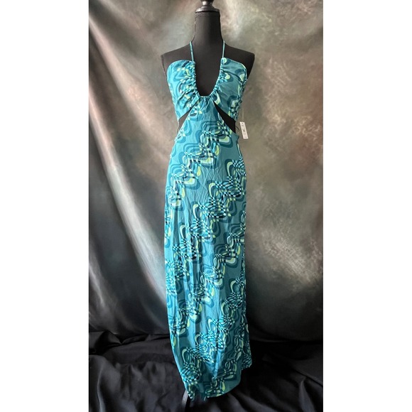 O'Neill Lila Maxi Halter Dress Cutout Turquoise Green Geometric Print S - Picture 1 of 9